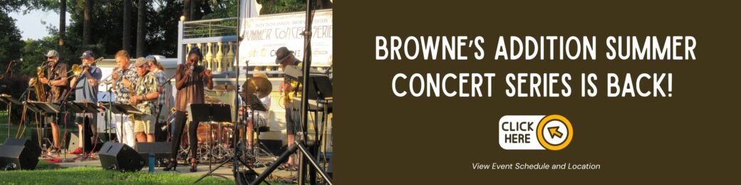Photo of a band playing outside in Browne's Addition. 7 people playing saxophone, trombone, guitar, bass guitar, and singing. Click here to view the summer concert schedule. 