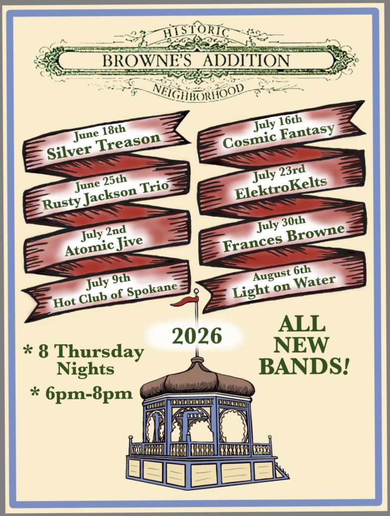 A poster for the Browne's Addition Summer Concert Series. Poster is yellow with blue border and a photo of the famous gazebo from the Coeur d’Alene Park.