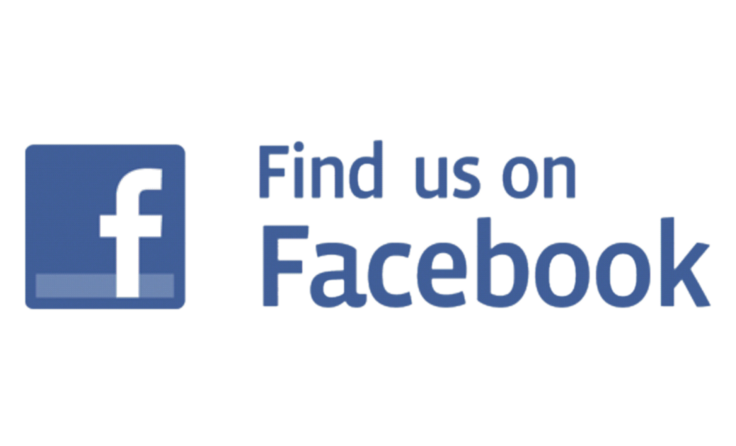 Find us on Facebook. Includes blue logo with "F" on it. 