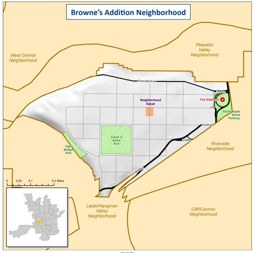 Map of Browne's Addition neighborhood that is yellow and grey. Includes the location of neighborhood retail, parks, fire station number 4, and some street names.