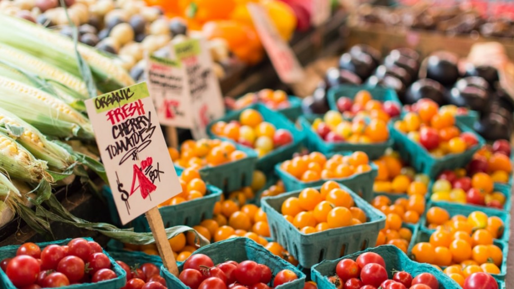 Corn, tomatoes, peppers, and potatoes for sale on a table. 