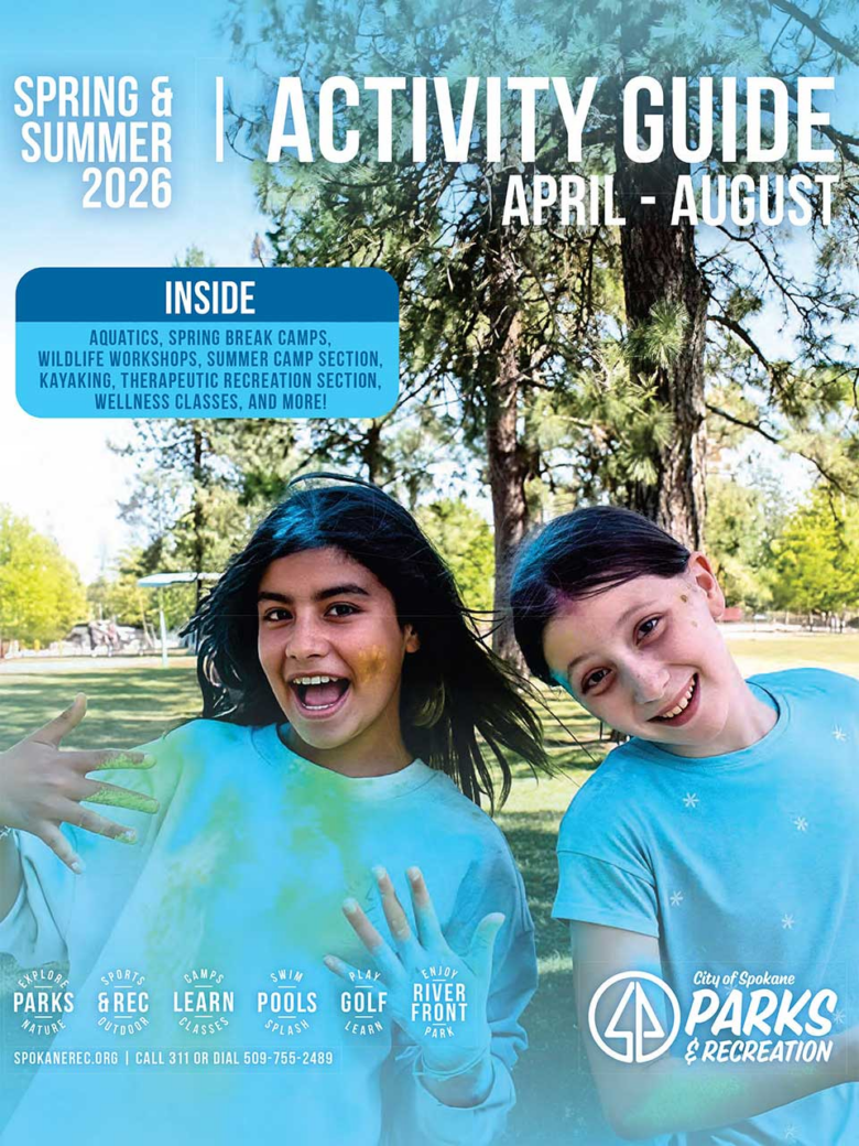 Front cover of the Spring and Summer 2026 Activity Guide. Two girls with face paint and smiling in a park with pine trees.